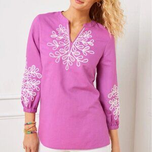 TALBOTS Purple Linen Embroidered Tunic Top Blouse 3/4 Puff Sleees Size M